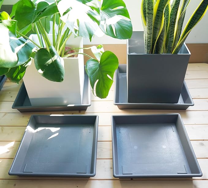 Square Plant Saucer 16 Inch 2 Pack, Plant Stand Plant Trays for Pots Heavy Duty Gray Plastic Plant Saucers for Indoors Outdoors, Flower Pot No Holes Plant Lover Gardening Gifts