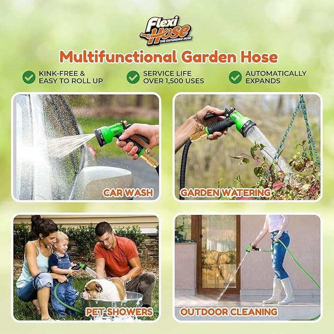 Flexi Hose with 8 Function Nozzle, 50FT - Lightweight Expandable Garden Hose, No-Kink Flexibility, 3/4 Inch Solid Brass Fittings and Double Latex Core