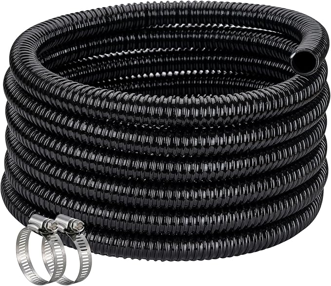 Pond Hose ID 1-1/2” × 50ft Black Corrugated Flexible Reinforced PVC Hose Vinyl Tubing for Pond Pump Fountain Garden Waterfall, Non-toxic & Kinkproof, with 2 clamps