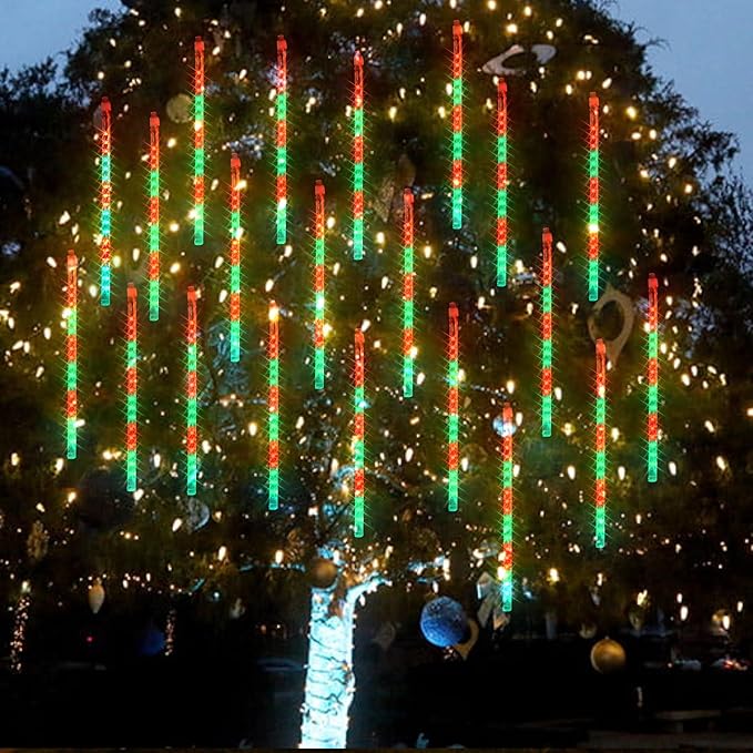 Dazzle Bright Red and Green Christmas Lights, 288 LED 11.8 Inch Meteor Shower Rain Lights with 8 Tubes, Waterproof Plug in Falling Rain Lights Christmas Decorations for Xmas Bushes Tree Yard Party
