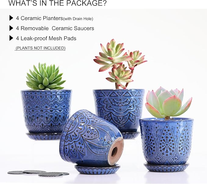 Gepege Succulent Pots, 4 Inch Small Indoor Ceramic Planter Pot with Drainage Holes and Saucers for Plants- Creamy White - Set of 4