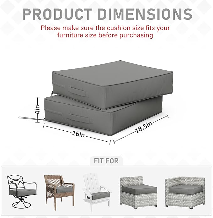 Patio Chair Cushions 18.5 X 16 X 4 Inch Waterproof Outdoor Seat Cushions for Patio Furniture, Outdoor Sofa Couch Pads with Ties & Handle, Set of 2, Light Grey