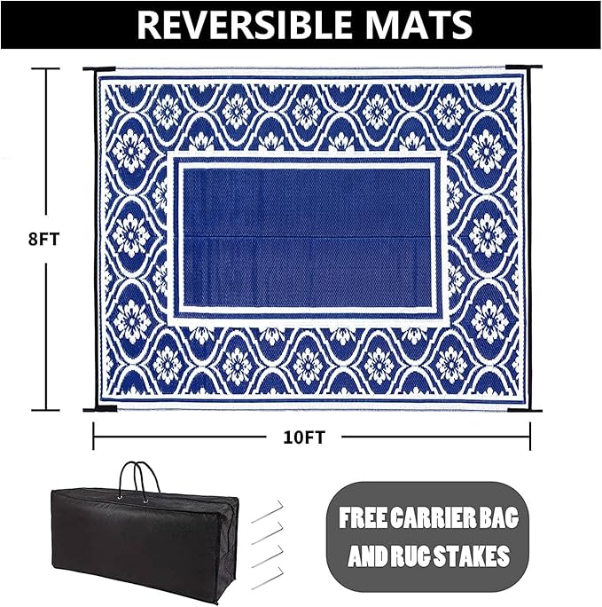Outdoor Rug 8x10 Patio Waterproof Mat Camping Carpet Outside Area Rug Reversible Light Blue Rugs for RV Deck Entryance Porch Picnic Balcony Beach