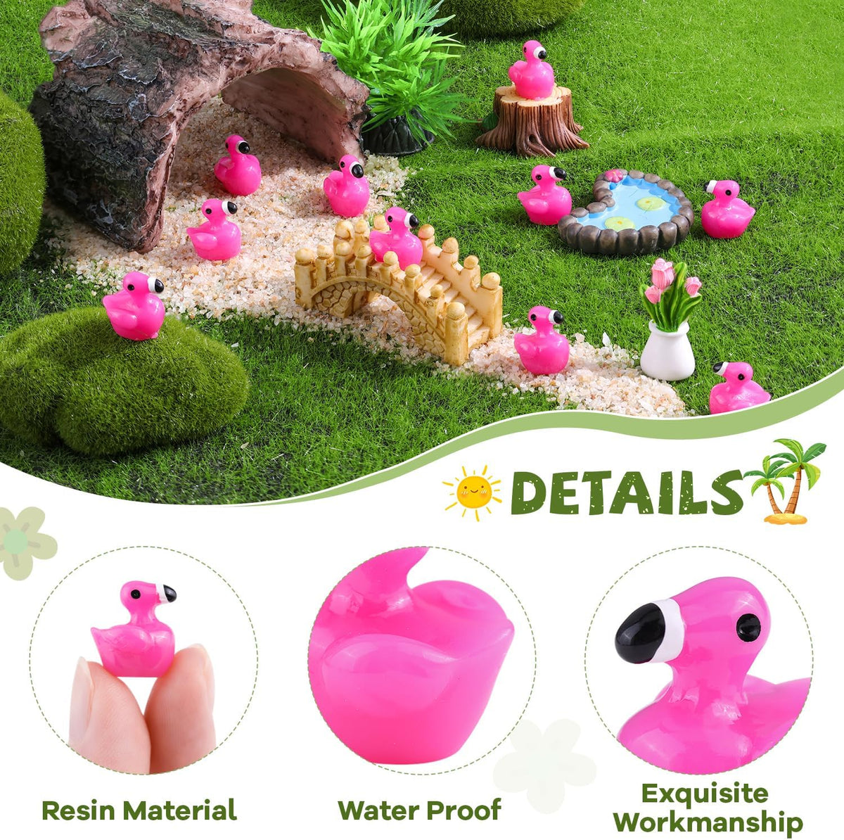 150PCS Mini Resin Animals Cute Rose Pink Tiny Flamingo Ducks, Miniature Figures to Hide, Small Animal Toys Accessories Bulk for Topper Garden Dollhouse Landscape Aquarium Ornaments DIY Crafts & Decor