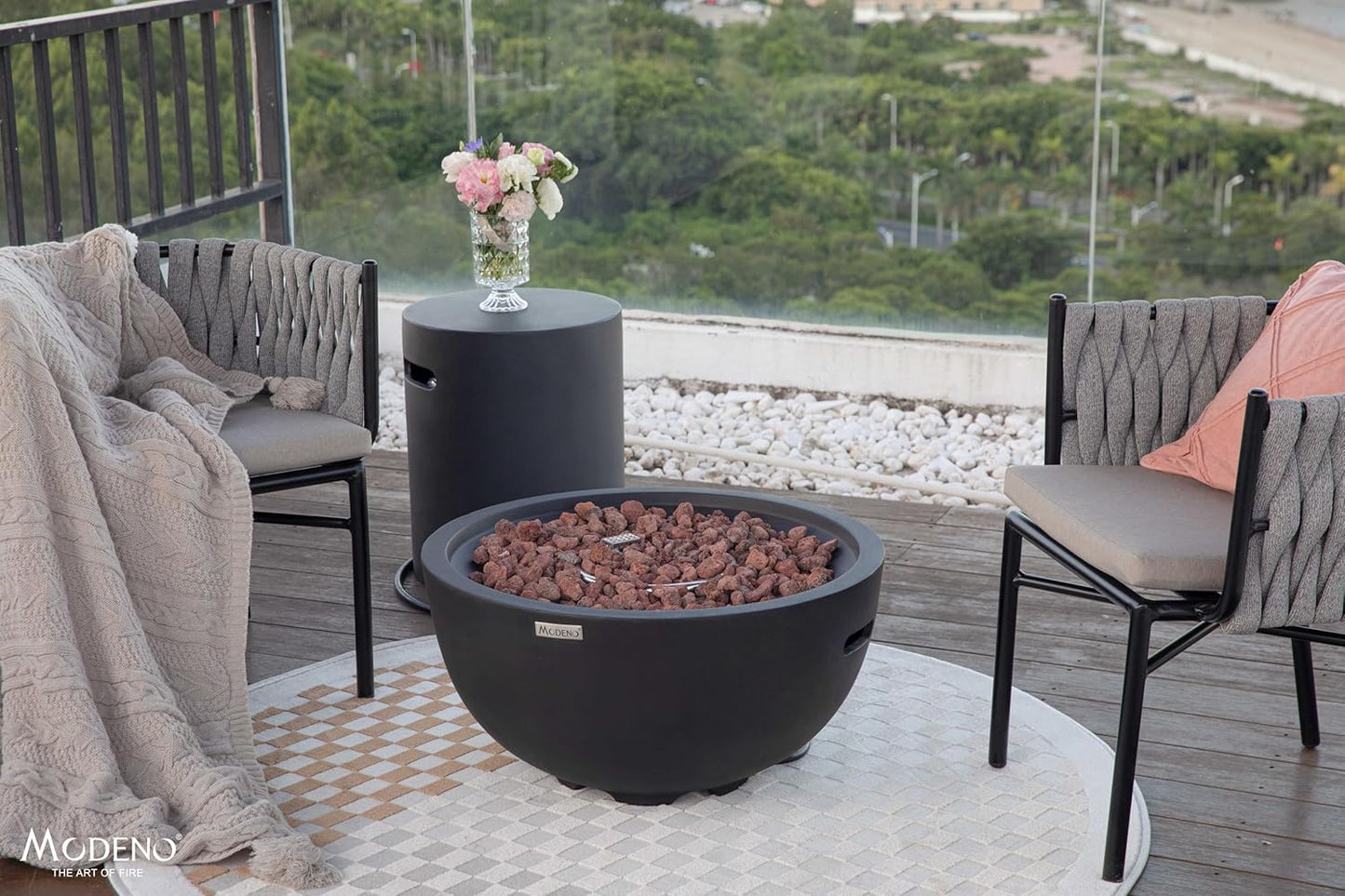 AMS Fireplace | Modeno Jefferson Package | Black Natural Gas Fire Pit Table for Outside Patio Bundle with SS Burner Lid | Free Ice Bucket