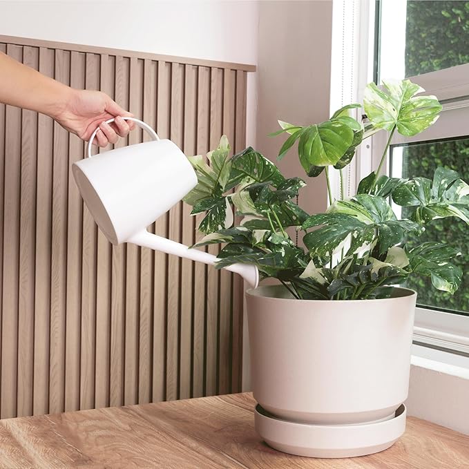 Elly Décor 14 inch Plastic Cylinder Planter Pot with Self-Watering Saucer and Drainage Hole,Lightweight & Extremely Durable, 14"x 14", Ivory
