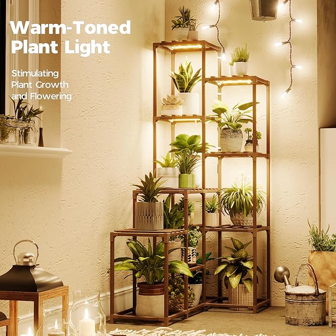 Bamworld Corner Plant Stand with Grow Lights Tall Plant Shelf Indoor Outdoor for Multiple Plants Wood Plant Table 7 Pots Flower Stands for Living Room Plant Rack