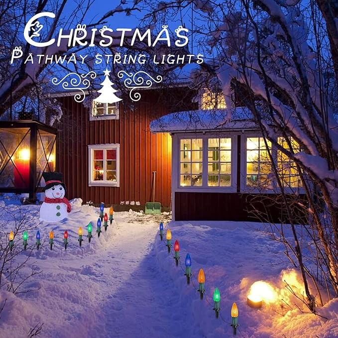 Brightown Strawberry C9 Christmas Pathway Lights, 25.7 Feet Walkway String With 20 Clear Bulbs and Stakes, Connectable Outdoor Decoration for Outside Lawn, Multicolor