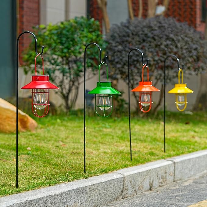 Solar Lantern with Shepherd Hook, Solar Lights Lantern lamp, Outdoor Lights Decor, Water Resistant Edison Bulb Lights for Garden Decor ,Outside Decor for Pathways,Patio, Lawn or Yard (Red，2 Pack)