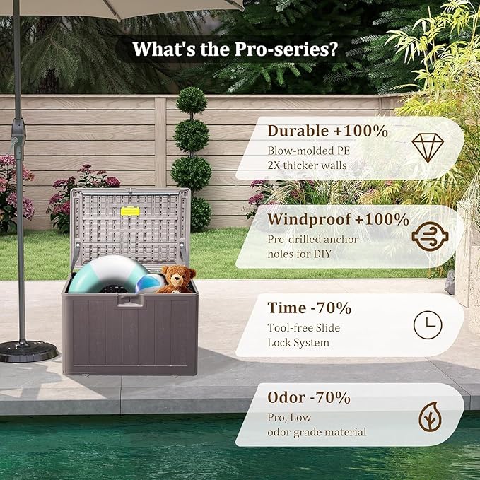 Premium Pro Edition 35 Gallon Lockable Resin Deck Box, Waterproof & UV-Resistant Outdoor Storage Box for Outdoor Storage, Garden Tools & Pool Accessories Storage, Brown