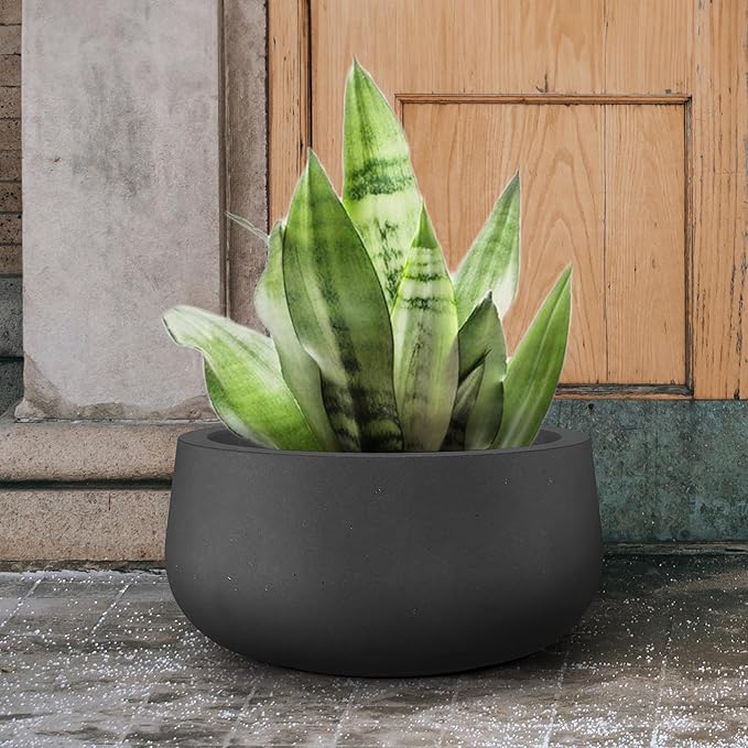 Kante 19.6" Dia Round Concrete Planter, Cement Plant Pots with Drainage Hole and Rubber Plug for Outdoor Indoor Garden Home, Modern Curvaceous Design, Black
