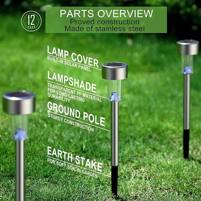 Solar Lights Outdoor Waterproof, Stainless Steel LED Landscape Lighting Outdoor Solar Lights for Outside Solar Garden Lights for Pathway, Walkway, Patio, Yard, Lawn - 12 Pack ( Cold White )