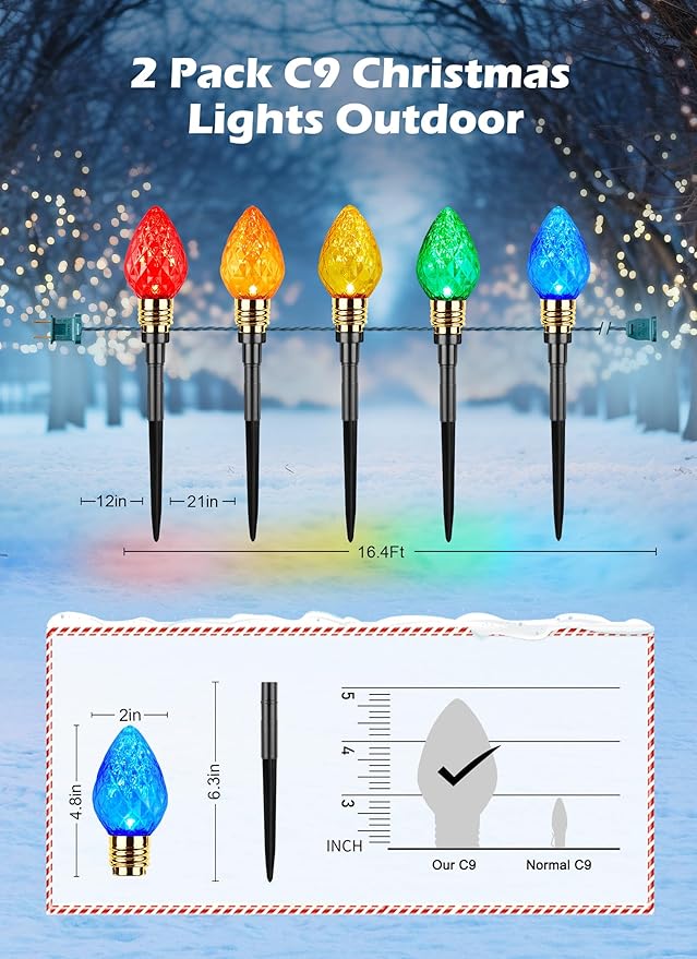 2 Pack Strawberry C9 Christmas Pathway Lights Outdoor - Total 34.8 Feet 20 LED Christmas Walkway Lights, Colored Bulb Christmas Lights Outdoor Decorations for Yard Lawn Holiday Outside, Multicolor