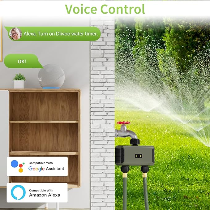 WiFi Sprinkler Timer 2 Zone, Diivoo Smart Water Timer for Garden Hose, Wireless Remote Control Irrigation System with Wi-Fi Hub, Rain Delay and Manual Watering, Leakproof for Yard Lawn Watering