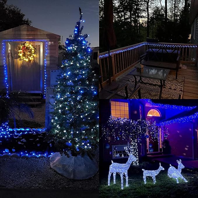 QITONG 4 Pack Solar Fairy Lights Blue, Each 33ft 100 LED String Lights Outdoor Waterproof, 8 Modes Blue Solar Lights for Outside Tree Garden Pool Wedding Party Christmas