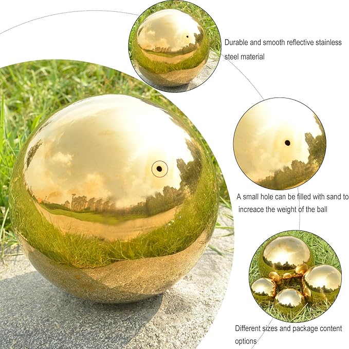 Nerien Gazing Ball, Stainless Steel Garden Mirror Globe, Polished Ornament Sphere, Hollow Floating Reflective Hemisphere, for Home Outdoor Pond Housewarming Swimming Pool Decoration, Gold, 10Pcs