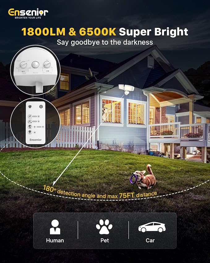 Ensenior 1800LM Solar Flood Lights Outdoor, Motion Sensor Outdoor Light 6500K, IP65 Waterproof, Separate Solar Panel, Solar Security Light with 5 Sensor Modes and 3 Adjustable Head for Yard (White)