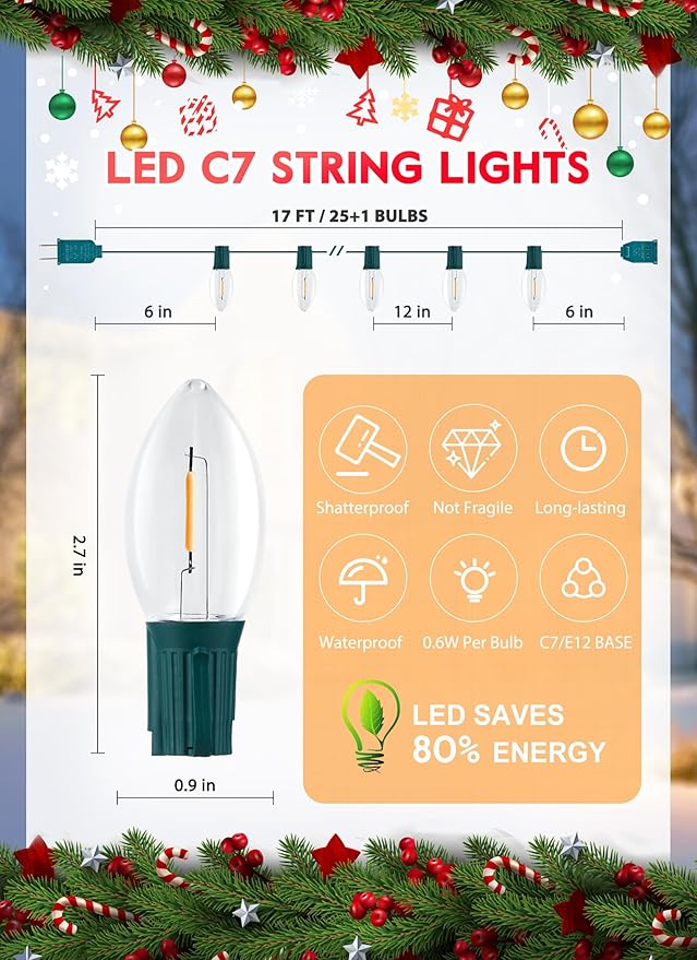 Brightown C7 Clear LED Christmas String Lights Outdoor, 25FT Connectable Christmas Lights with 26 0.6W Bulbs(1 Spare), Vintage Hanging Lights for Xmas Holiday Party Patio Roofline House Decor
