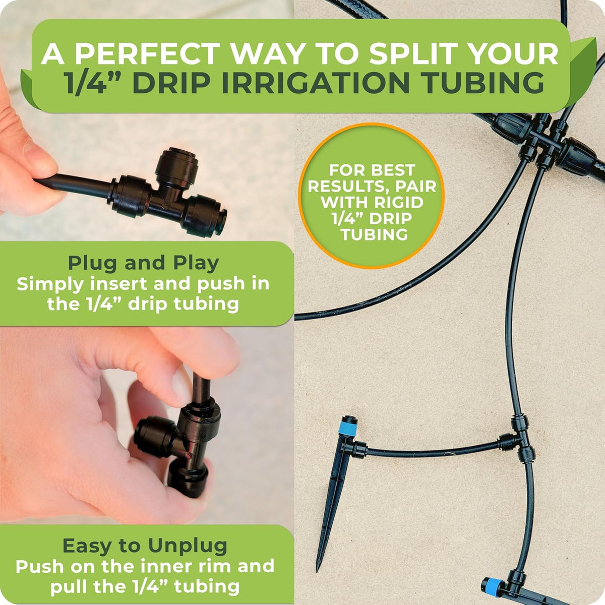 Carpathen Drip Irrigation Fittings Pack - Push-to-Connect Irrigation System Compatible - 3 x 4Way Coupler 1/2" to 1/4", 3 x 3 Way Tee T Shape Barbed 1/4 Drip Tubing Splitter, 5 x 1/4 End Plugs