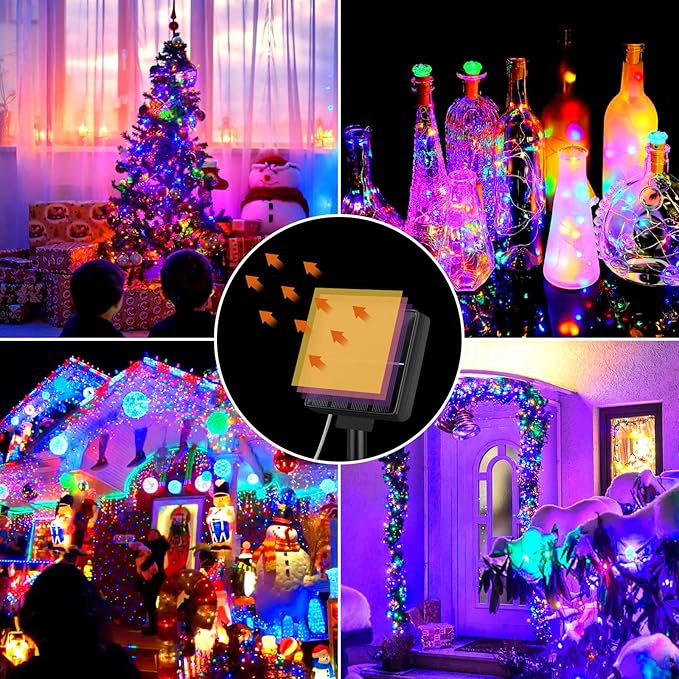 Brightever 4-Pack Solar Outdoor String Lights 288FT, Each 72FT 200 LED Solar Powered Multicolored Fairy Lights Waterproof, 8 Modes RGB Twinkle Lights for Christmas, Halloween Decorations