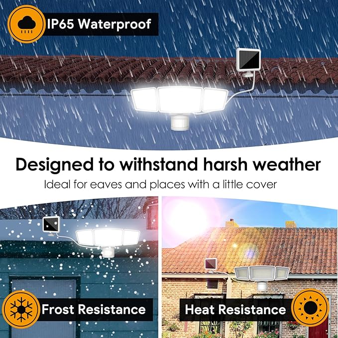 Energetic Solar Outdoor Lights, 1800LM 192 LED Security Motion Sensor Outdoor Lights with Remote Control, IP65 Waterproof Floodlight, 3 Head Motion Detected Spotlight for Garage, Pack of 2 (White)