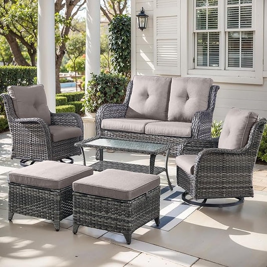 Outdoor Wicker Patio Furniture Set - 6 Piece Rattan Patio Conversation Set with 2 Rocking Swivel Chairs,2 Ottomans,1 Loveseat and 1 Coffee Table for Porch Deck Backyard Garden(Mixed Grey/Grey)