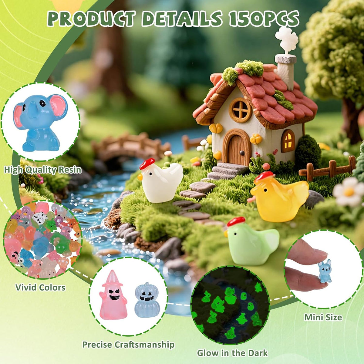 150 PCS Luminous Mini Resin Animals, Glow in The Dark Fairy Garden Decor, Mini Ducks Frogs Turtles Figurines for Aquarium, Terrarium, Slime Charms & Potted Plant Landscape Decoration