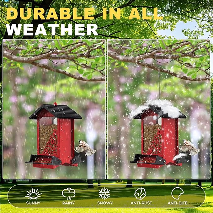 Squirrel Proof Bird Feeder for Outdoor Hanging,Metal Bird Seed Feeder with Bilateral Weight Activated Perches,5LB Large Capacity Wild Bird Feeders for Outside,Easy Refill and Clean,Red