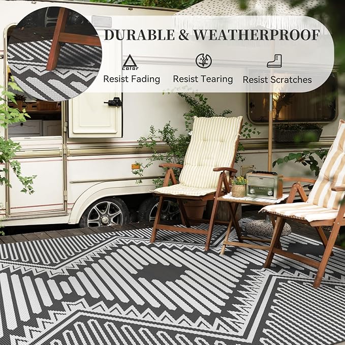 MontVoo Outdoor Rug-Waterproof Patio Rug Mat 5x8 Outdoor Carpet Mat Reversible Plastic Straw Outside Outdoor Rug for RV Camping Picnic Beach Balcony Backyard Pool Deck Porch Modern Boho Grey