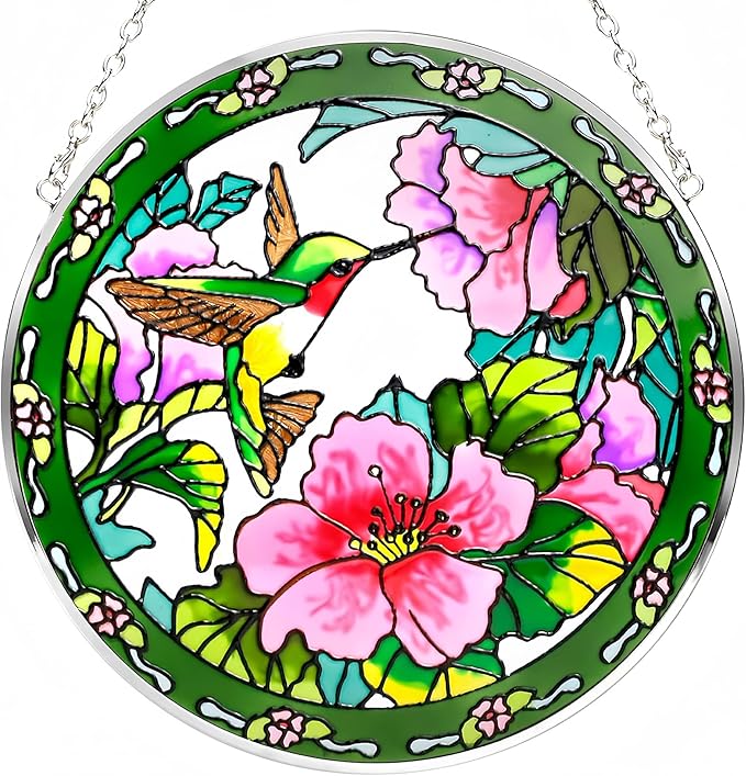 Godferyxin Stained Glass Suncatcher Handmade Glass Hummingbird Suncatcher 8" Stained Glass Hanging Decoration for Window or Wall for Mom,Grandma,Teacher,Friend