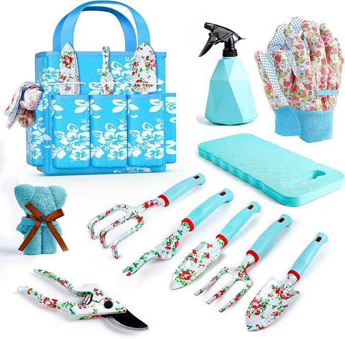 Gifts for Mom, JUMPHIGH Womens Gardening Gifts Set, Floral Gardening Tools with Tote Bag, Gifts for Her for Girlfriend, Birthday Gifts for Women, Gardening Kit Womens Gifts for Christmas (Blue)