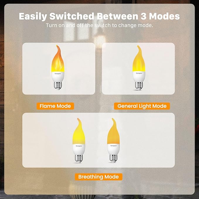 Hompavo Upgraded LED Flame Light Bulbs, 3 Modes Flickering Light Bulbs, E26 Chandelier Base Candle Fire Light Bulb for Halloween Christmas Party Porch Indoor & Outdoor Home Decoration - 8 Pack