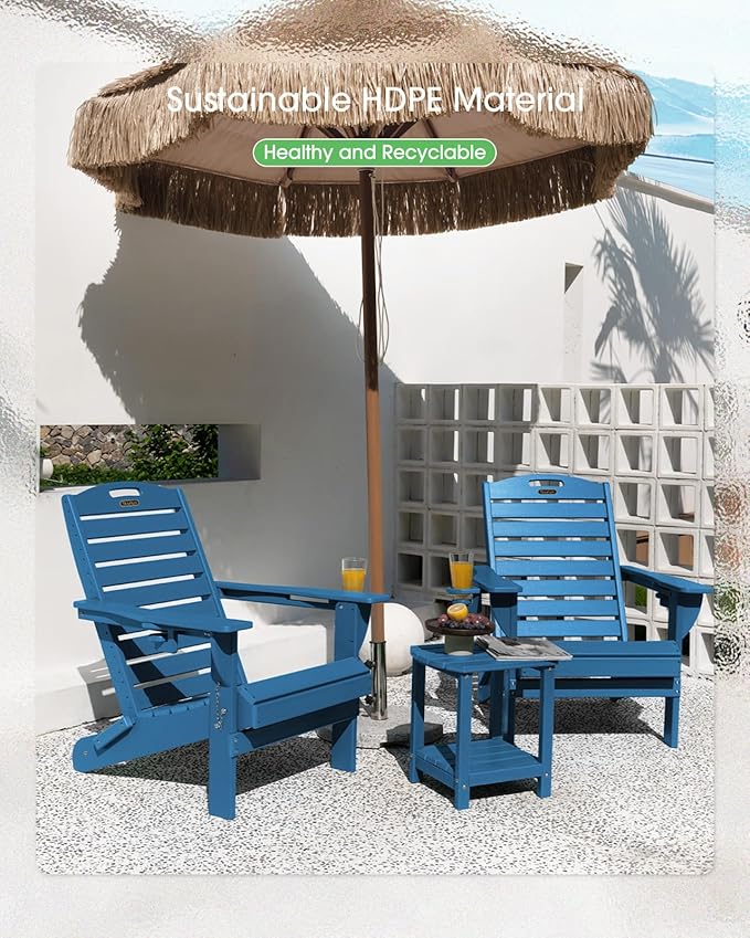 Folding Adirondack Chair HDPE All-Weather Adirondack Chairs with Cup Holder, Outdoor Fire Pit Chairs Lawn Chair for Deck Patio Garden (NavyBlue)