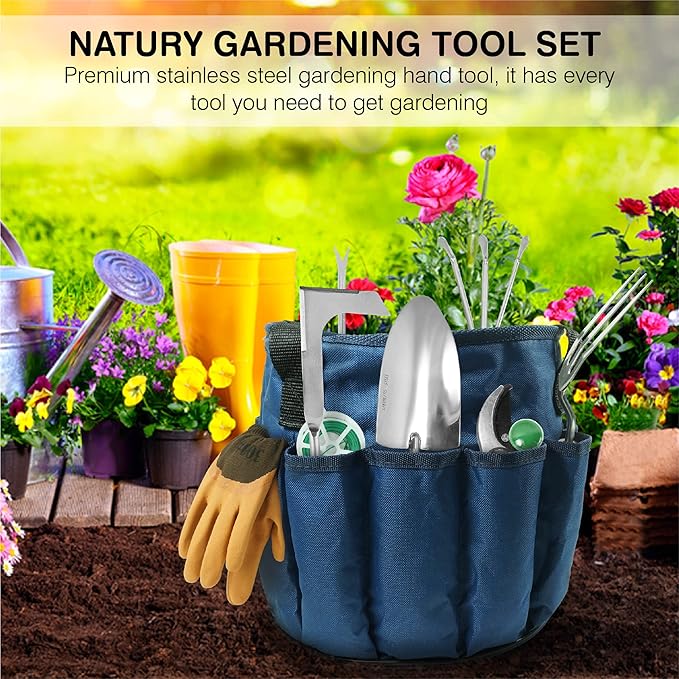 Garden Tools Set – Premium Stainless Steel Gardening Hand Tools with Solid Beechwood Handle – Gardening Kit with Rake, Shovel, Gloves, Shears, Tool Organizer – Garden Gifts for Women and Men