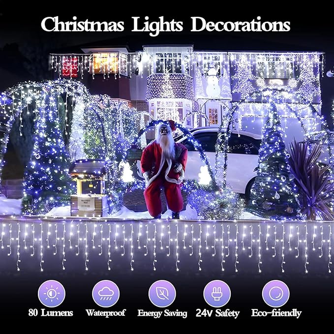 960 LED 98FT Christmas Lights Plug in 8 Modes with Timer Dimmable Christmas Decorations Outdoor Waterproof Indoor Curtain String Lights for Roof Garden Holiday Wedding Party Decor Cool White