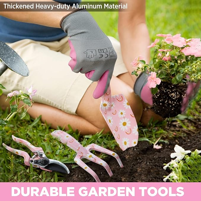 WORKPRO 5PCS Garden Tool Set, Aluminum Heavy Duty Gardening Tool Set with Garden Tool Bag, Outdoor Garden Hand Tools, Pink, Garden Gifts