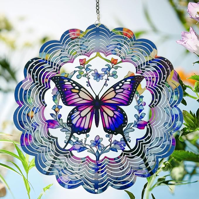 Wind Spinners 2 Pack Metal Butterfly - Butterfly Gifts for Women Mom Grandma Wife, Hanging Wind Spinner for Outdoor & Indoor Decorations, 12 inch 3D Wind Spinner for Ornament Gifts