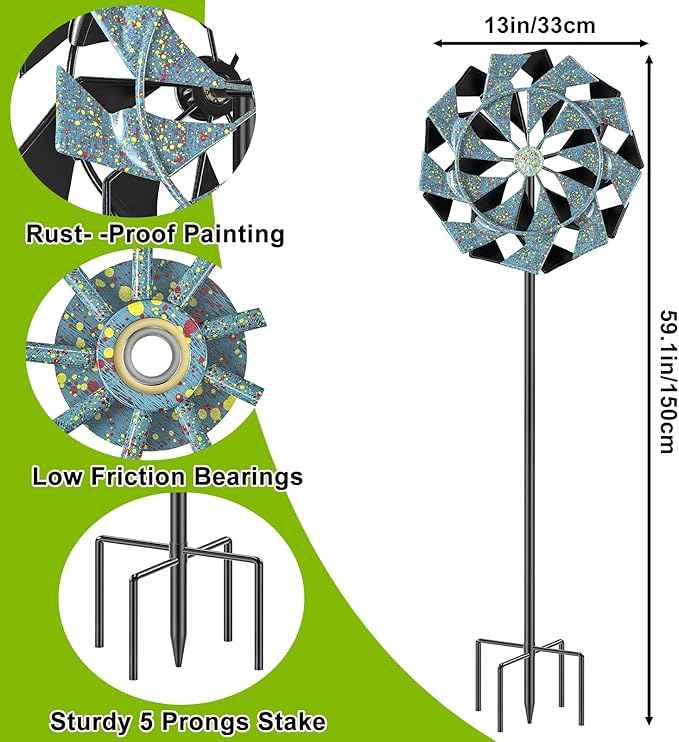 59 inch Outdoor Kinetic Wind Spinner, Double Blade Wind Sculpture with 5 Prong Base, Geometric Metal Windmill for Garden, Lawn & Patio Decoration (Blue Gold)