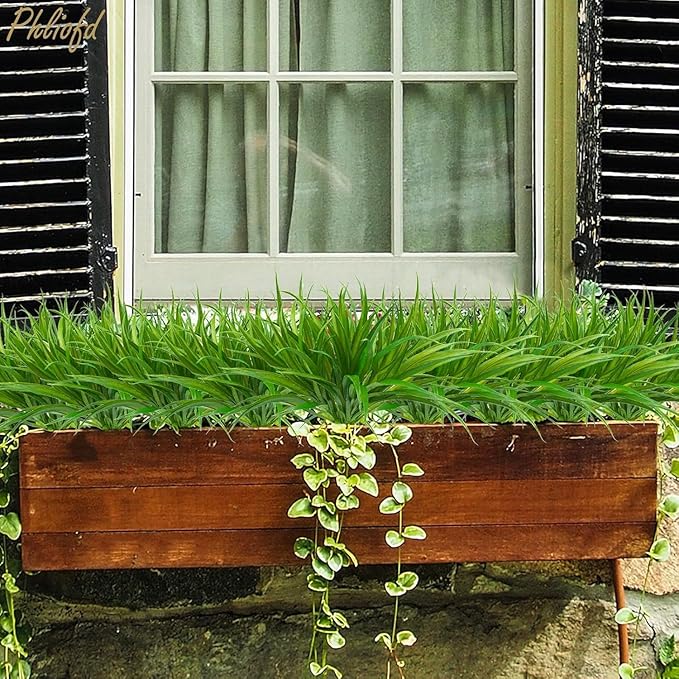 32 Pcs Artificial Grass Fake Plants 17.3in Outdoor Plants UV Resistant Faux Greenery Stems Fake Grass for Home Window Garden Office Patio Pathway Front Porch Halloween Décor Green