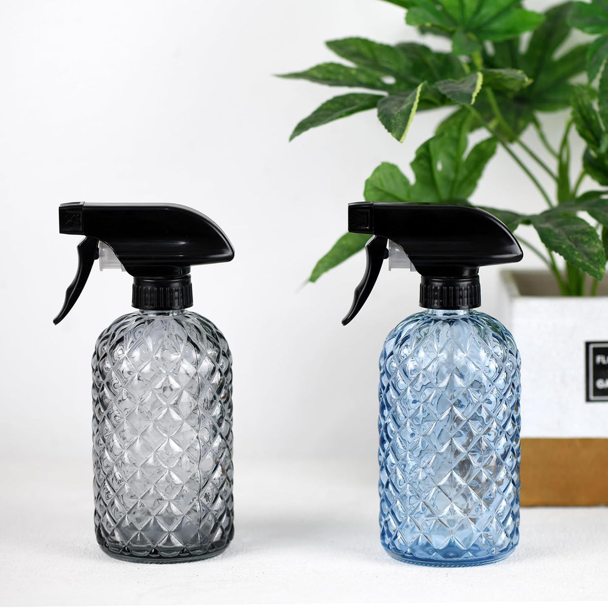 12Oz Glass Plant Spray Bottle, Gem Pattern Glass Sprayer, Watering Can with Black Plastic Top Pump, Handheld Watering Can for Indoor Outdoor Potted Plants and Greenery (Grey)