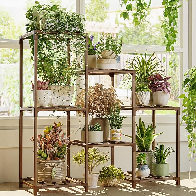 Bamworld Plant Stand Indoor Plant Shelf Outdoor Wood Plant Rack for Multiple Plants 3 Tiers Ladder Plant Pot Holder for Living Room Patio Boho Home Decor for Gardening