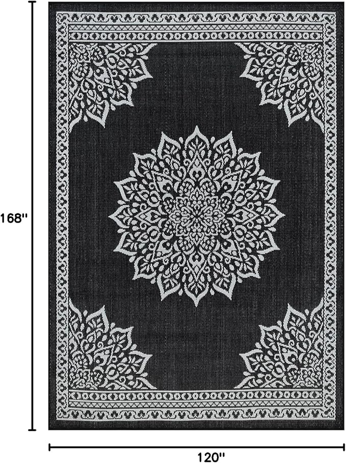 CAMILSON Indoor Outdoor Rug, 10x14 Medallion Black White Modern Area Rugs for Large Indoor and Outdoor Patios, Kitchen and Hallway Mats, Washable Porch Deck Outside Carpet (Medallion Black, 10 x 14)