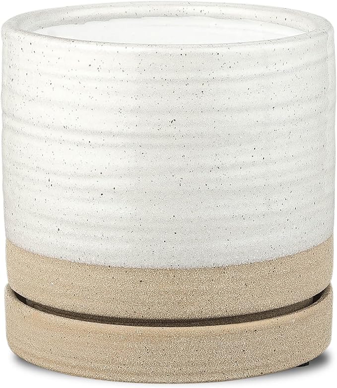 6 Inch Plant Pots, Ceramic Planter Pot with Drainage Hole & Saucer, Indoor/Outdoor Cylinder Round Planter Pot, White & Beige Glaze