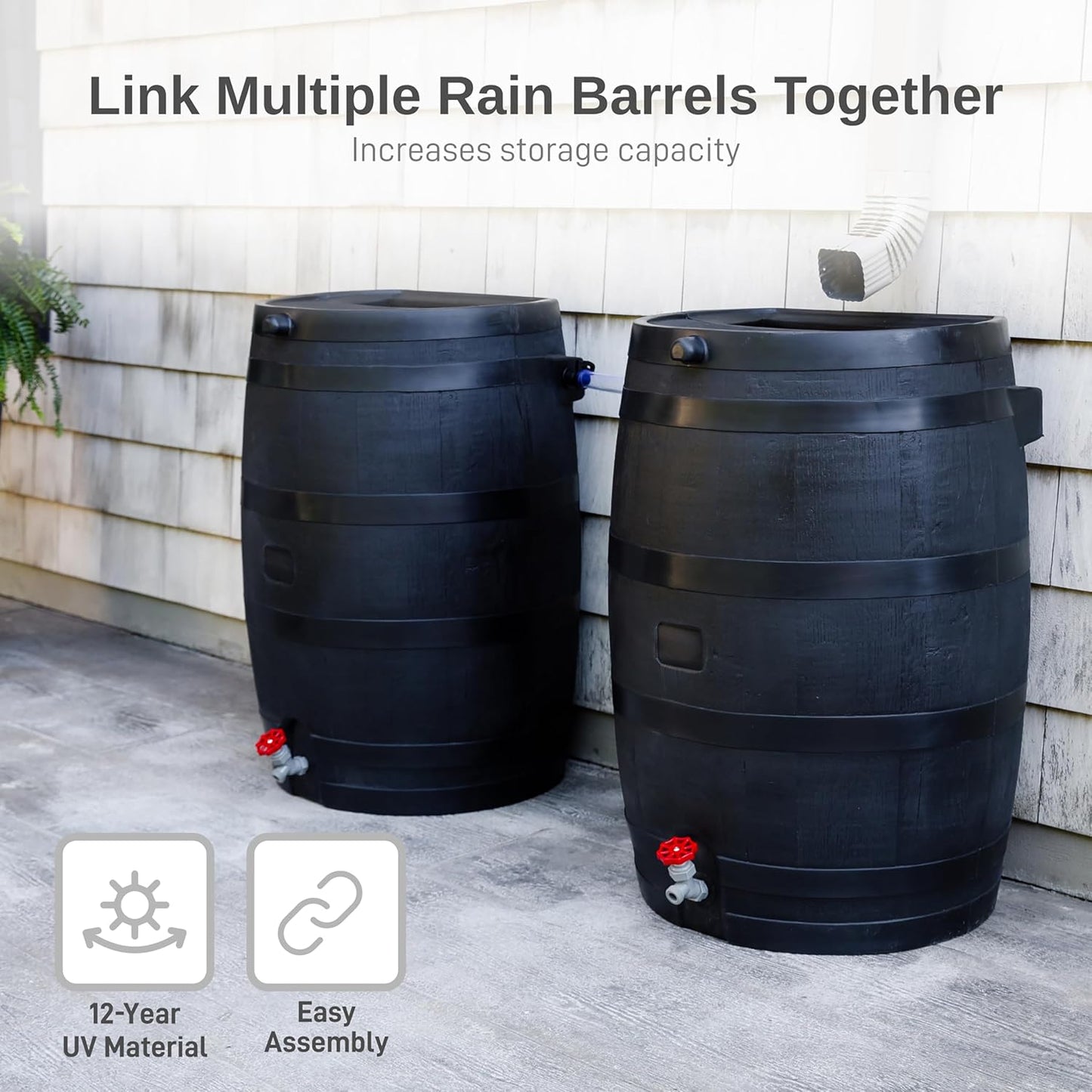 50-Gallon ECO Rain Barrel Made with 100% Recycled Plastic, Flat Back Rain Water Collection Barrel, Soaker Hose Included, Black