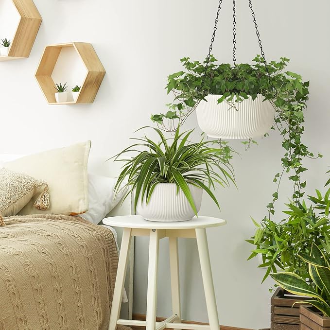 T4U 10 Inch Hanging Planters for Indoor Outdoor Plants, 2 Pack White Self Watering Hanging Plant Pot, Hanging Pots Set with Drainage Hole & Plug & Chain with 3 Hooks for Garden Home Decor