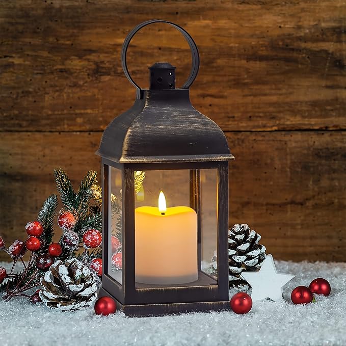 Vintage Lantern Decorative LED Flickering Flameless Candle with Timer, Battery Powered LED Decorative Hanging Golden Brushed Black Lanterns for Indoor Outdoor Garden Yard Home Decor(4 Pack)