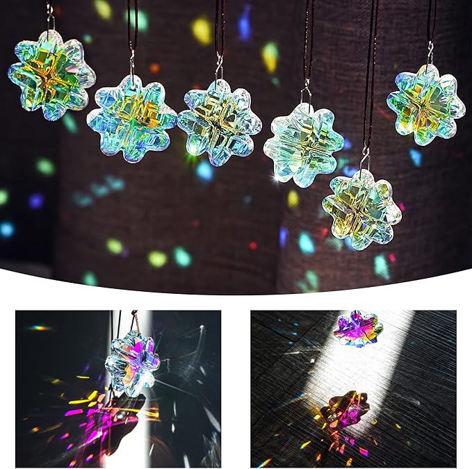 Set 6,AB Coating Four Leaf Lucky Clover Crystal Prisms Suncatchers for Windows,Rainbow Maker Hanging Prisms for Wedding Party Tree Garlands Ornaments Christmas Decorations Clearance,45mm
