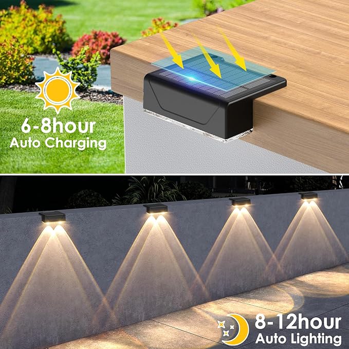 Derynome Solar Fence Outdoor Lights 8 Pack, 3 Color Modes IP45 Waterproof Solar Lights for Outside, Backyard, Railing, Step, Pool, Patio & Wall, Easy Install (3000K/4000K/6000K, 8 Pack)