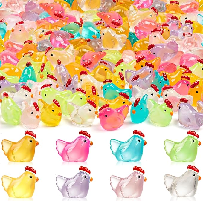 192PCS Luminous Mini Resin Chickens Miniature Animals, Tiny Chickens Miniature Figurines Glow in The Dark for Micro Garden, Potted Plant, DIY, Home Outdoor Party Decor (8 Colors)