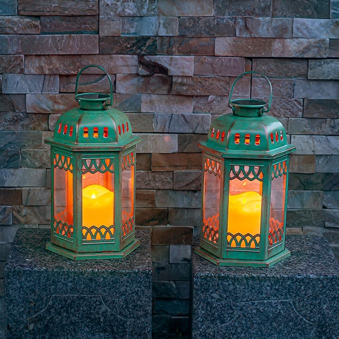 SteadyDoggie Solar Lanterns 2 Pack Green - Hanging Solar Lights with Flickering Candle LED - Retro Ornate Hanging Solar Lantern with Handle